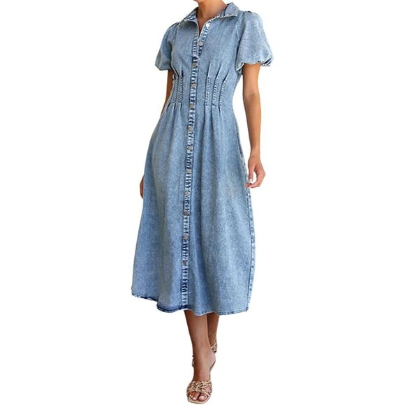 Women Denim Dress Long Puff Sleeve Button-Down Casual Slim Fit Midi - Picture 1 of 6